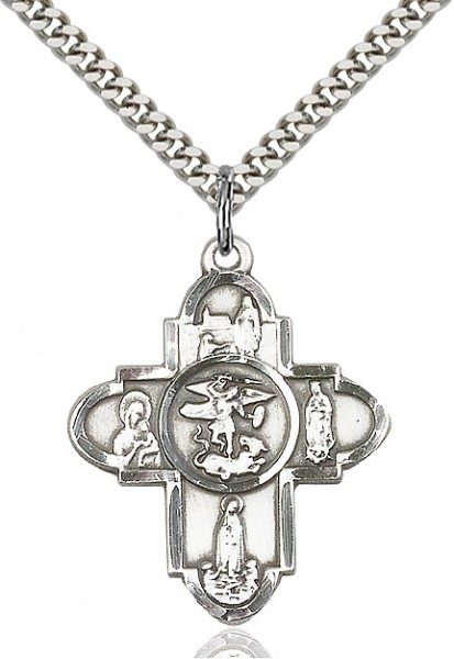 Our Lady 5 Way Cross Pendant, Sterling Silver - 24" 2.2mm Sterling Silver Chain + Clasp