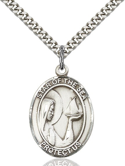 Our Lady Star of the Sea Medal, Sterling Silver, Large - 24" 2.2mm Sterling Silver Chain + Clasp