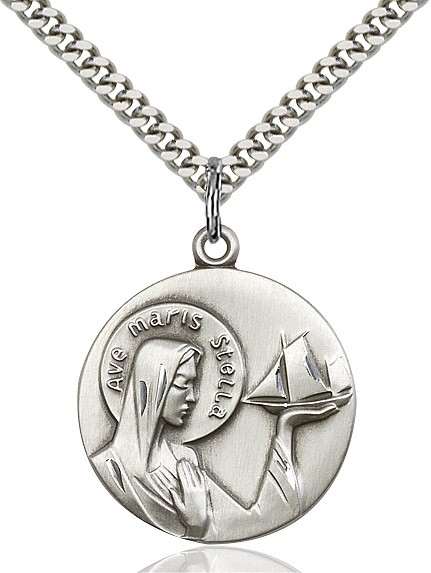 Our Lady Star of the Sea Medal, Sterling Silver - 24" 2.2mm Sterling Silver Chain + Clasp