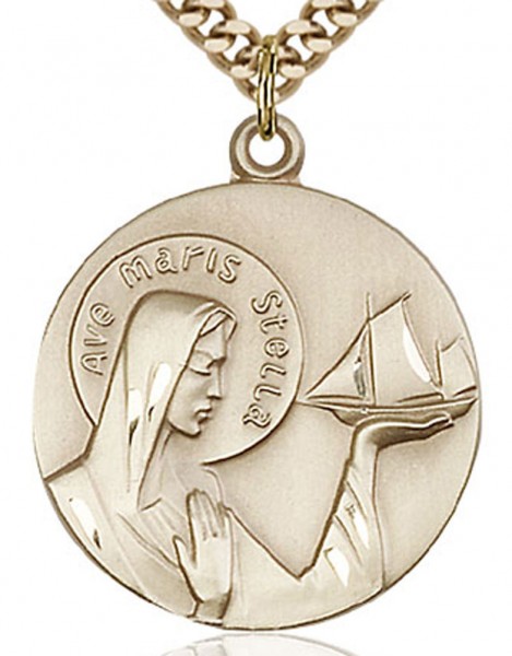 Our Lady Star of the Sea Medal, Gold Filled - 24" 2.4mm Gold Plated Chain + Clasp