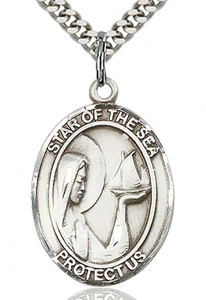 Our Lady Star of the Sea Medal, Sterling Silver, Large - 24" 2.4mm Rhodium Plate Chain + Clasp