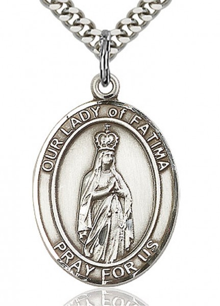 Our Lady of Fatima Medal, Sterling Silver, Large - 24" 2.4mm Rhodium Plate Chain + Clasp