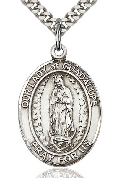 Our Lady of Guadalupe Medal, Sterling Silver, Large - 24" 2.4mm Rhodium Plate Endless Chain