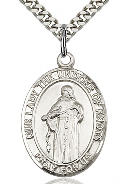 Our Lady of Knots Medal, Sterling Silver, Large - 24" 2.4mm Rhodium Plate Endless Chain