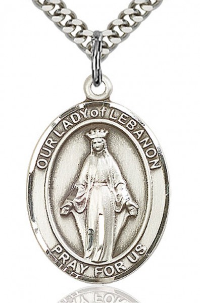 Our Lady of Lebanon Medal, Sterling Silver, Large - 24" 2.4mm Rhodium Plate Endless Chain