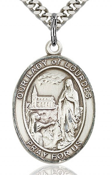 Our Lady of Lourdes Medal, Sterling Silver, Large - 24" 2.4mm Rhodium Plate Chain + Clasp