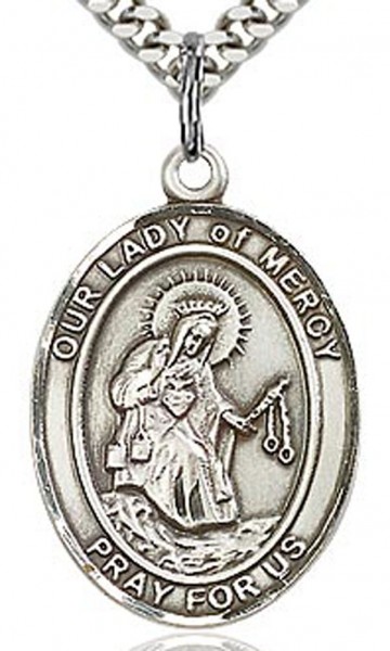 Our Lady of Mercy Medal, Sterling Silver, Large - 24" 2.4mm Rhodium Plate Endless Chain