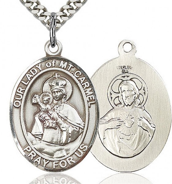 Our Lady of Mount Carmel Medal, Sterling Silver, Large - 24" Sterling Silver Chain + Clasp