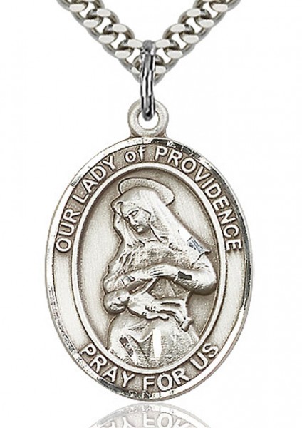Our Lady of Providence Medal, Sterling Silver, Large - 24" 2.4mm Rhodium Plate Endless Chain