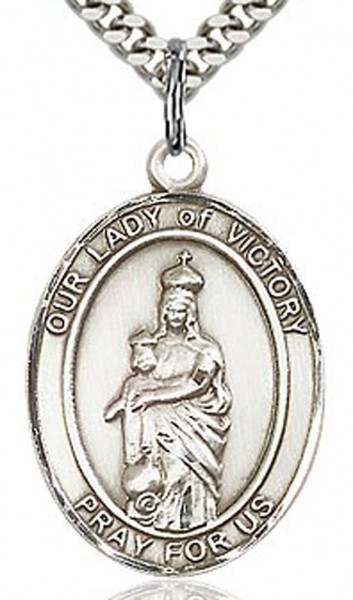 Our Lady of Victory Medal, Sterling Silver, Large - 24" 2.4mm Rhodium Plate Chain + Clasp