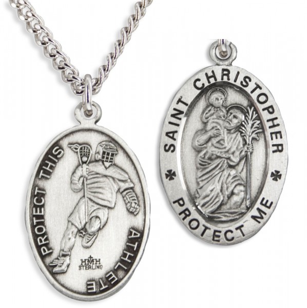 Oval Men's Saint Christopher Lacrosse Necklace - 24" Sterling Silver Chain + Clasp