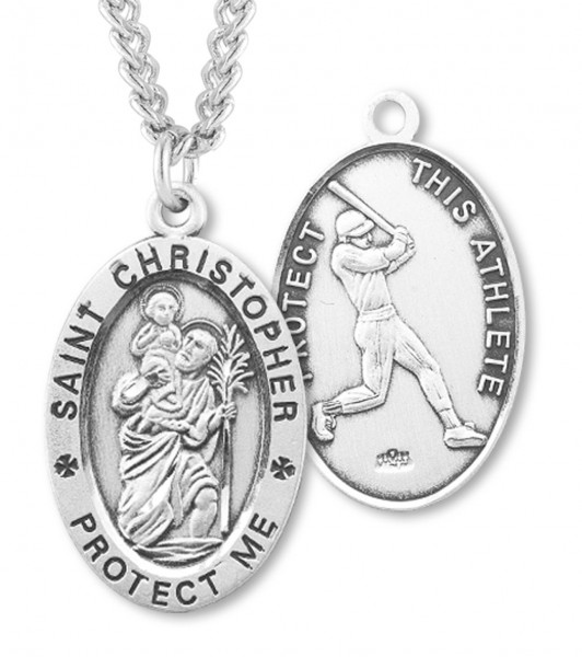 Men's Sterling Silver Saint Christopher Baseball Oval Necklace - 24" 3mm Stainless Steel Endless Chain