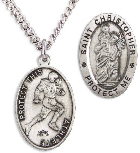 Oval Men's St. Christopher Football Necklace With Chain - 24" 3mm Stainless Steel Endless Chain