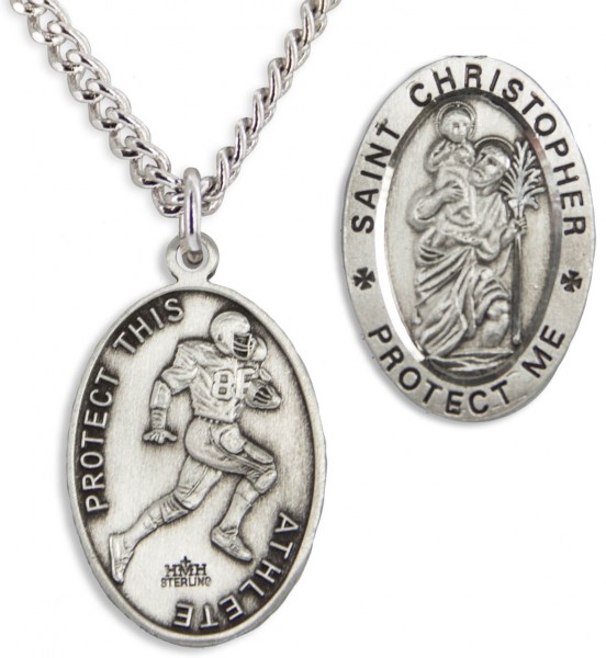 Oval Men's St. Christopher Football Necklace With Chain - 20" 2.2mm Stainless Steel Chain with Clasp