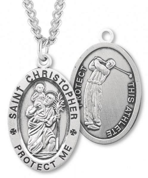 Oval Boy's St. Christopher Golf Necklace With Chain - 24" Sterling Silver Chain + Clasp