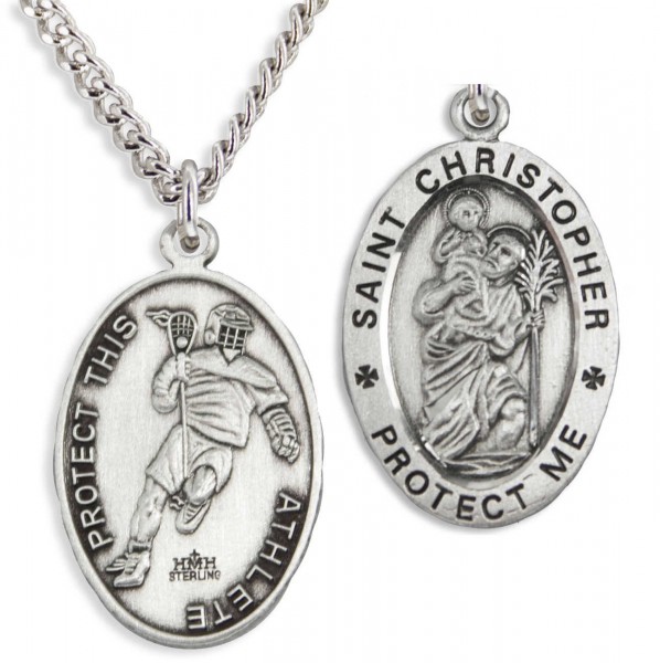 Oval Men's Saint Christopher Lacrosse Necklace - 24" 3mm Stainless Steel Endless Chain