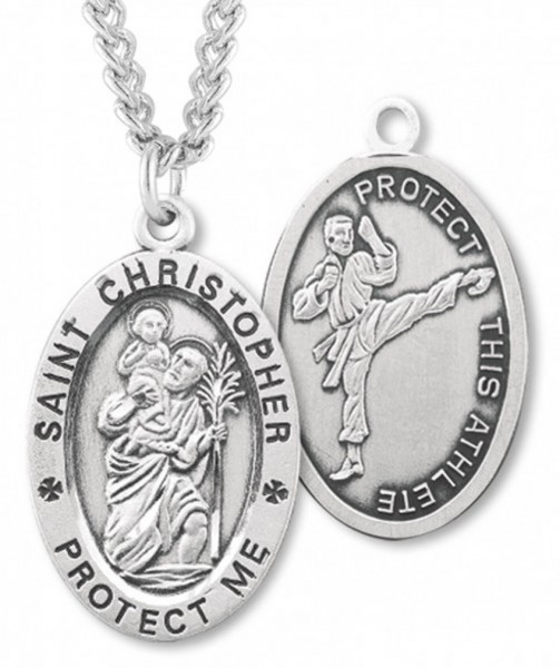 Oval Boy's St. Christopher Martial Arts Necklace With Chain - 24" Sterling Silver Chain + Clasp