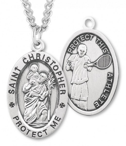 Oval Men's St. Christopher Tennis Necklace With Chain - 24" Sterling Silver Chain + Clasp