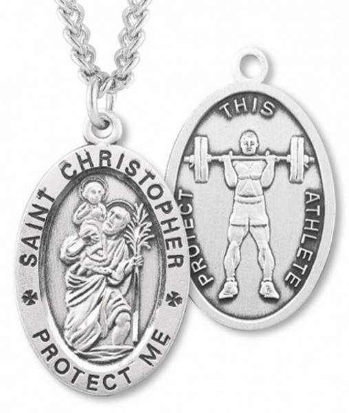 Oval Boy's St. Christopher Weight Lifting Necklace With Chain - 20" 2.2mm Stainless Steel Chain with Clasp