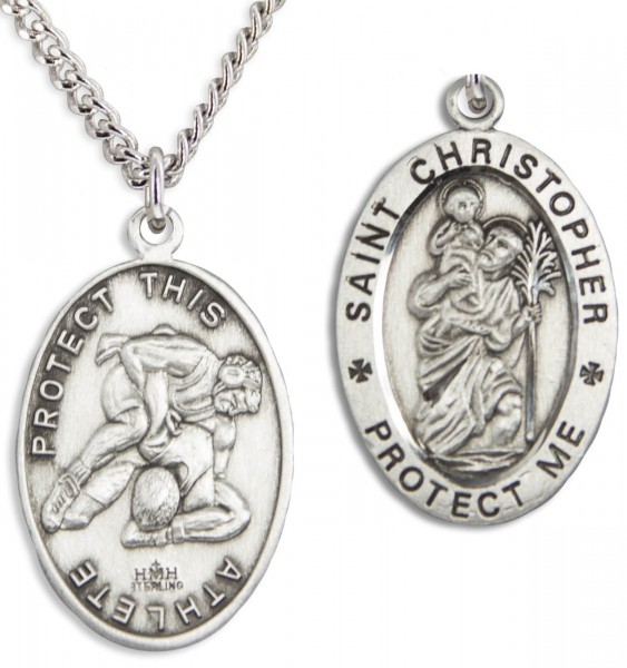 Oval Men's St. Christopher Wrestling Necklace With Chain - 24" 3mm Stainless Steel Endless Chain