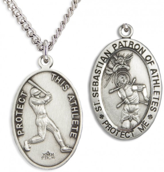 Oval Men's St. Sebastian Baseball Necklace With Chain - 24" 3mm Stainless Steel Endless Chain