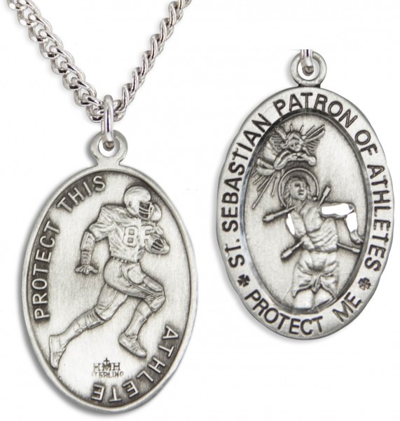 Oval Men's St. Sebastian Football Necklace With Chain - 20" 2.2mm Stainless Steel Chain with Clasp