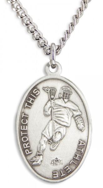 Oval Men's St. Sebastian Lacrosse Necklace With Chain - 24" Sterling Silver Chain + Clasp