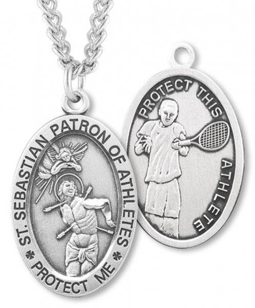 Oval Men's St. Sebastian Tennis Necklace With Chain - 20" 2.2mm Stainless Steel Chain with Clasp