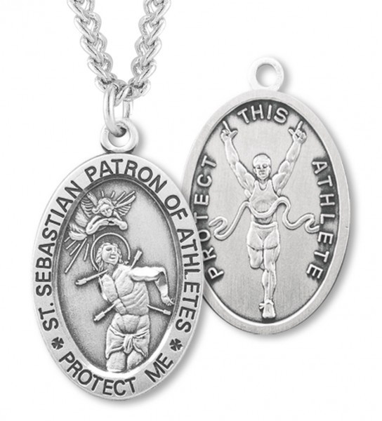 Oval Men's St. Sebastian Track Necklace With Chain - 24" Sterling Silver Chain + Clasp