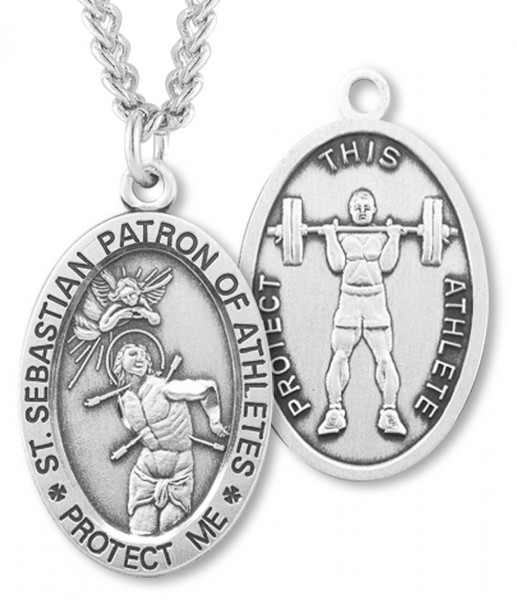Oval Men's St. Sebastian Weight Lifting Necklace With Chain - 24" 3mm Stainless Steel Endless Chain