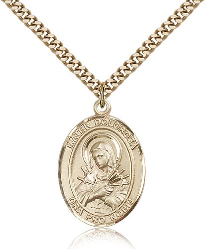 Mater Dolorosa Medal, Gold Filled, Large - 24" 2.4mm Gold Plated Chain + Clasp