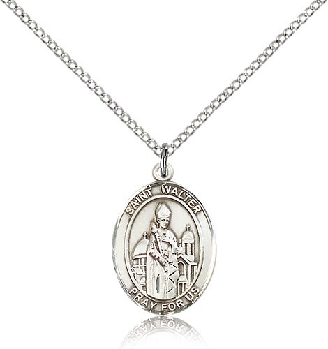 St. Walter of Pontnoise Medal, Sterling Silver, Medium - 18" 1.2mm Sterling Silver Chain + Clasp