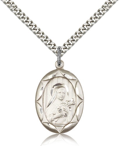 St. Theresa Medal, Sterling Silver - 24" 2.4mm Rhodium Plate Endless Chain