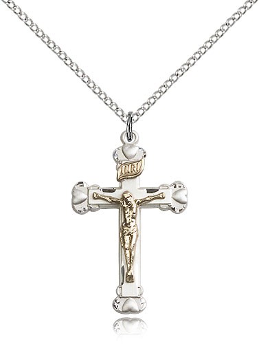 Crucifix Pendant, Two-Tone - 18" 1.2mm Sterling Silver Chain + Clasp