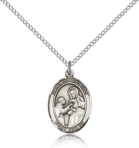 St. John of God Medal, Sterling Silver, Medium - 18" 1.2mm Sterling Silver Chain + Clasp