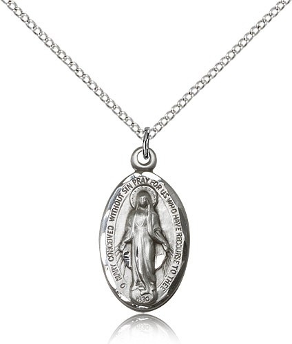 Miraculous Medal, Sterling Silver - 18" 1.2mm Sterling Silver Chain + Clasp