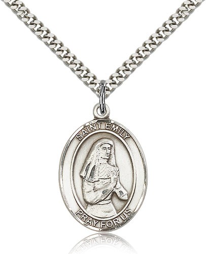 St. Emily De Vialar Medal, Sterling Silver, Large - 24" 2.4mm Rhodium Plate Chain + Clasp