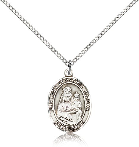 Our Lady of Prompt Succor Medal, Sterling Silver, Medium - 18" 1.2mm Sterling Silver Chain + Clasp