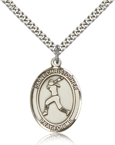 St. Sebastian Softball Medal, Sterling Silver, Large - 24" 2.4mm Rhodium Plate Chain + Clasp