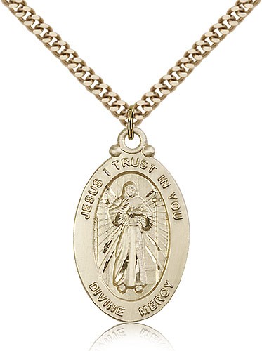 Divine Mercy Medal, Gold Filled - 24" 2.4mm Gold Plated Endless Chain