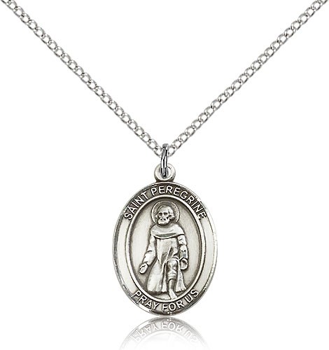 St. Peregrine Laziosi Medal, Sterling Silver, Medium - 18" 1.2mm Sterling Silver Chain + Clasp