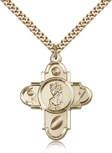 Sports 5 Way Cross St Christopher Medal, Gold Filled - 24" 2.4mm Gold Plated Endless Chain