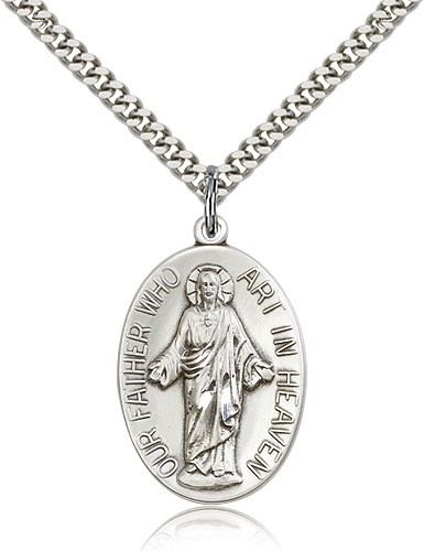 Our Father Medal, Sterling Silver - 24" 2.4mm Rhodium Plate Endless Chain