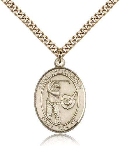 St. Christopher Golf Medal, Gold Filled, Large - 24" 2.4mm Gold Plated Chain + Clasp