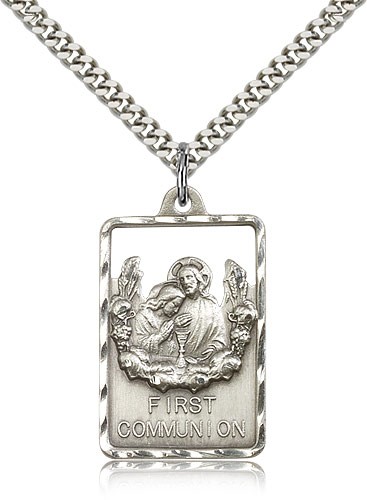 Communion First Reconciliation Medal, Sterling Silver - 24" 2.4mm Rhodium Plate Endless Chain