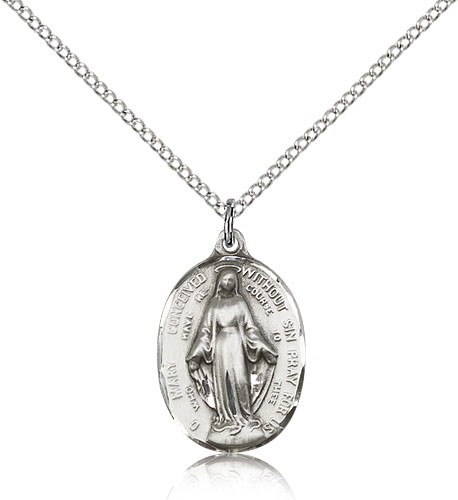 Immaculate Conception Medal, Sterling Silver - 18" 1.2mm Sterling Silver Chain + Clasp