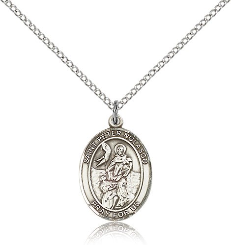 St. Peter Nolasco Medal, Sterling Silver, Medium - 18" 1.2mm Sterling Silver Chain + Clasp