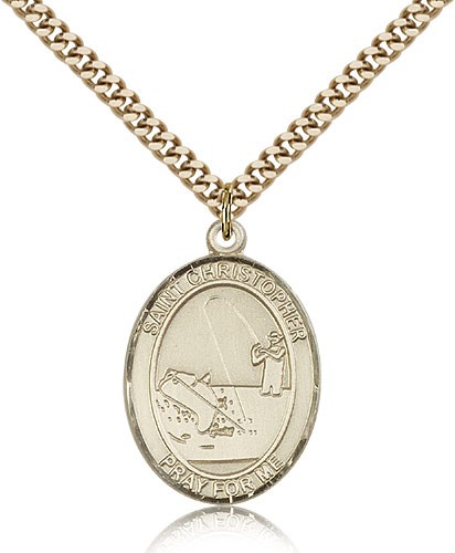 St. Christopher Fishing Medal, Gold Filled, Large - 24" 2.4mm Gold Plated Chain + Clasp