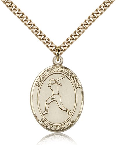 St. Christopher Softball Medal, Gold Filled, Large - 24" 2.4mm Gold Plated Chain + Clasp