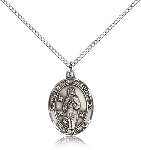 Our Lady of Assumption Medal, Sterling Silver, Medium - 18" 1.2mm Sterling Silver Chain + Clasp